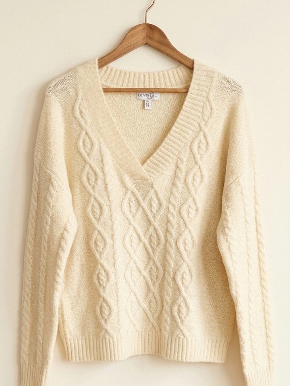 Olivia Sky Cream V-Neck Cable Knit Sweater